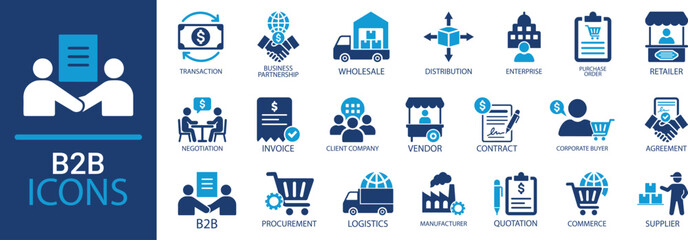 B2B icon set. Business to business, supplier, transaction, wholesale, agreement, partnership, , quotation, commerce, procurement, supplier, quotation and more. Solid vector icons set collection.