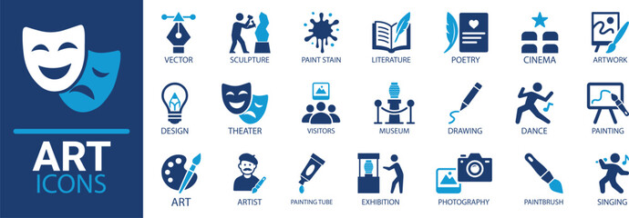 Art icon set. Containing artwork, sculpture, literature, artist, drawing, painting, theater, paint stain, poetry, exhibition design and museum icons. Solid vector icon collection.