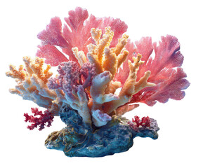 Vibrant coral reef cluster, featuring delicate branching structures in shades of pink, orange, and yellow, atop a rocky base
