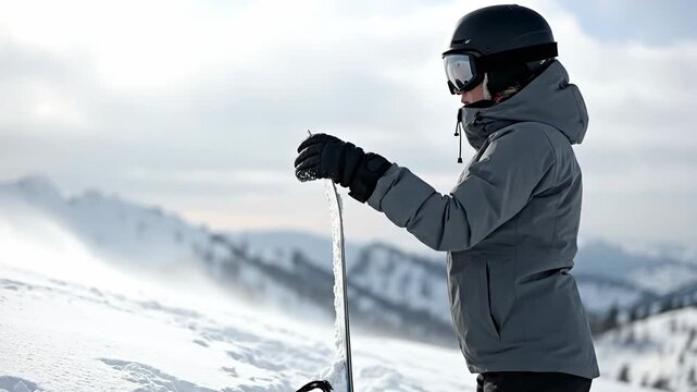 A determined winter championship athlete pauses on the snowy slope, reflecting the gray prison atmosphere.