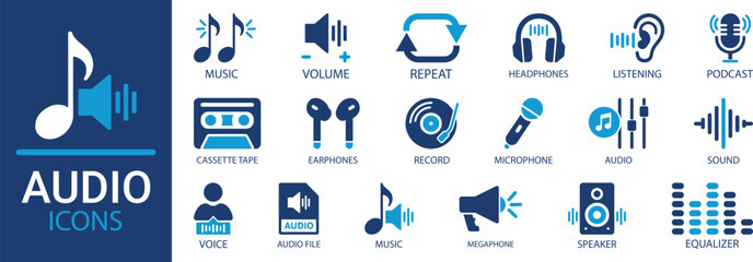 Audio icon set. Containing headphones, listening, record, sound, music, microphone, podcast and speaker icons. Solid vector icon collection. Vector illustration.