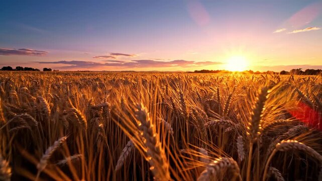 Warm golden hour light illuminating a massive field of wheat gently swaying and rustling in the soft breeze during a peaceful quiet sunset atmosphere countryside, gently, slow