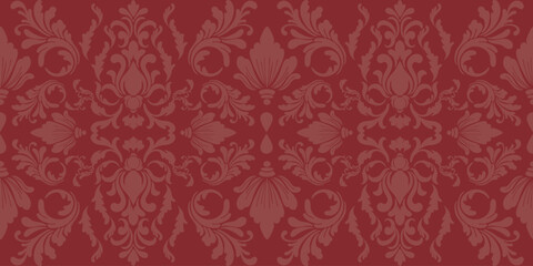 Elegant red damask seamless pattern border. Perfect for luxury packaging, elegant wallpaper, textile designs, and high-end branding backgrounds. Classic ornate baroque style for premium decor. © pattama