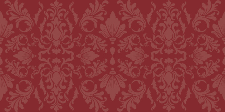 Elegant red damask seamless pattern border. Perfect for luxury packaging, elegant wallpaper, textile designs, and high-end branding backgrounds. Classic ornate baroque style for premium decor.
