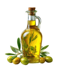 Clear glass bottle of golden olive oil, with a cork stopper and a handle.  Fresh green olives and sprigs of herbs rest on the bottom of the image
