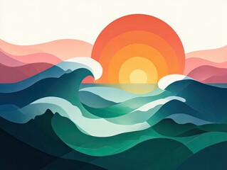 Stylized seascape layered waves, vibrant sunset, serene, minimalist style