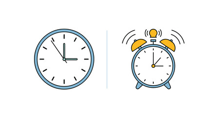 Comparison between a simple blue wall clock and a yellow ringing alarm clock representing time management and morning.