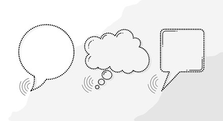 Three different dotted outline speech and thought bubbles with signal lines for communication and technology themes.