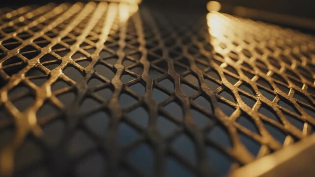 Warm golden sunlight moving slowly across a subtle diamond mesh surface texture pattern creating dramatic shadows pattern, moody, corporate