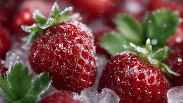29Close-up of bright red strawberries covered in sparkling frost, icy texture glistening under cool light, green leaves framing the fruit with bold natural contrast