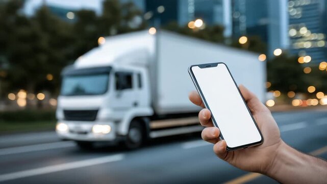 30A mobile device with a vacant glowing screen held tightly in hand while a bright white transportation truck moves through the softly blurred city background, representing speed and
