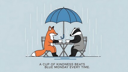 Friendly fox and badger sharing coffee under blue umbrella on rainy day