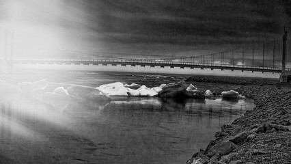 Nighttime view of Jokulsarlon glacier lagoon after sunset in Iceland