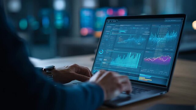 Business analyst working on laptop with financial data dashboard at night