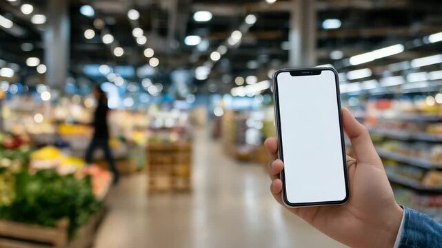 29Smartphone held at chest level with empty display, supermarket aisle extending into the distance, colorful products creating bokeh effect behind
