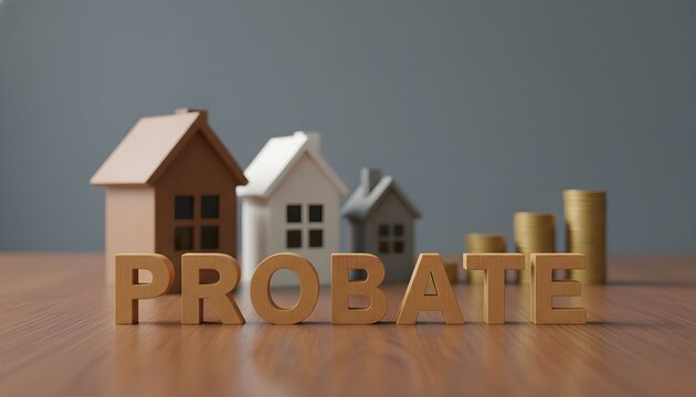 Wooden word PROBATE with miniature houses and coins representing estate inheritance and legal process for property
