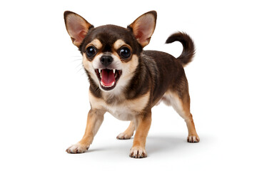 Obraz premium Small chihuahua dog barking with mouth open and teeth showing on white background