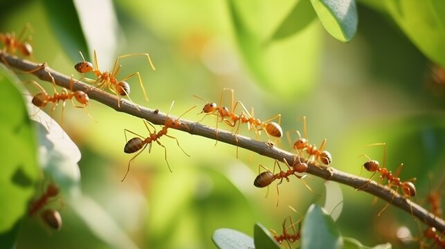 Close-up shot of several ants marching along a slender twig among vibrant green leaves and dappled sunlight