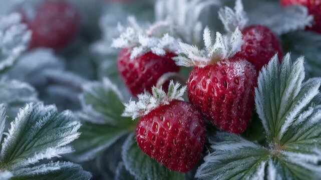 32Frozen strawberries with intense red hues, layered in intricate frost patterns, lush green leaves curling naturally to create perfect color harmony