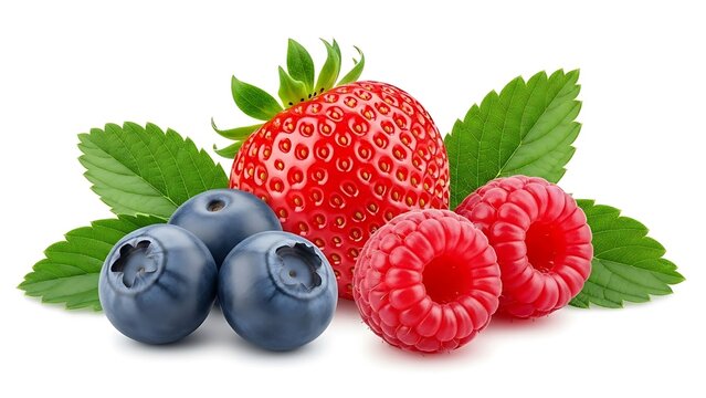 Fresh mixed berries with green leaves on white background