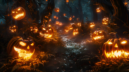 Spooky Halloween pumpkins glowing in dark forest at night