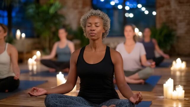 34A diverse group of women sitting in meditation pose on yoga mats in a cozy studio with wooden floors and glowing candles, creating a warm atmosphere of mindfulness and spiritual gr