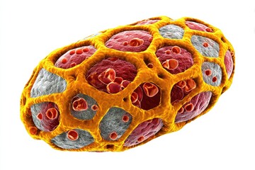 Abstract rendering of a cell or sponge structure, gold veins, red/gray interior