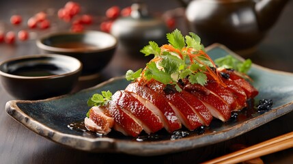 A beautifully presented plate of sliced Peking duck garnished with herbs and served with dipping sauce