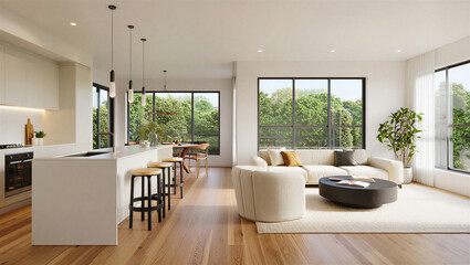Modern open plan living room and kitchen with natural light and forest views