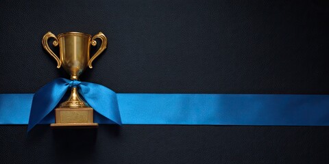 Golden trophy with blue ribbon, center, dark background with ample negative space