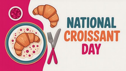 National Croissant Day Illustration with Delicious Pastry Jam and Cutlery on White