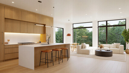 Modern kitchen and living room with large windows and minimalist decor in a new home interior design