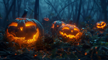 Glowing jack-o-lanterns in spooky forest on Halloween night