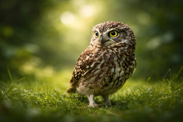 Close-up portrait of a small, speckled owl with bright yellow eyes standing on lush green grass in a dappled forest.