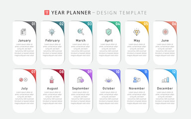 Timeline Creator infographic template. 12 months timeline journey, 1 year calendar infographics design template. presentation graph. Business concept with 12 options or steps, vector illustration.
