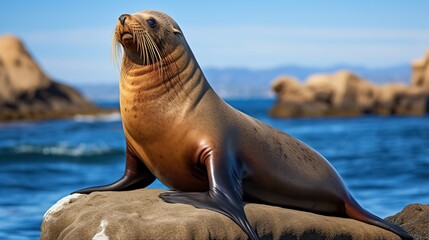 Curious brown sea lion lounging on sunlit rocks beside a blue ocean under a clear sky