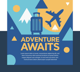 Travel illustration featuring airplane suitcase mountains and the word adventure social media post design