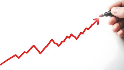 Hand drawing a red chart line with an upward trend indicating business growth and success on a white background using a black marker pen with a red tip.