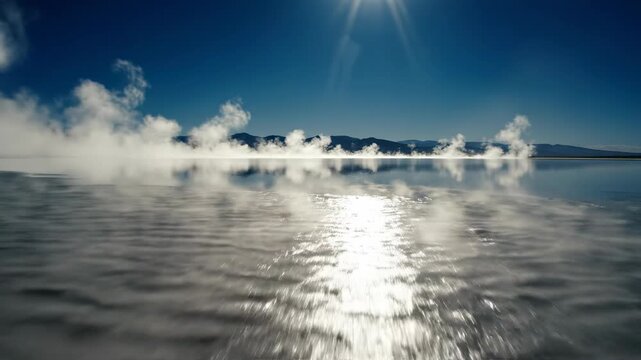 Wavy heat distortion shimmering intensely over a vast, flat desert landscape surface creating an atmospheric abstract reflection and optical illusion atmospheric, conceptual, heatwave