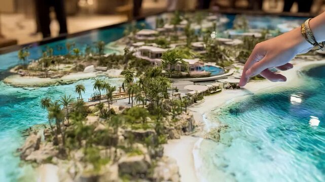 Medium shot of a user navigating a detailed digital twin of a tropical resort customizing activities and accommodation settings on a virtual planning interface