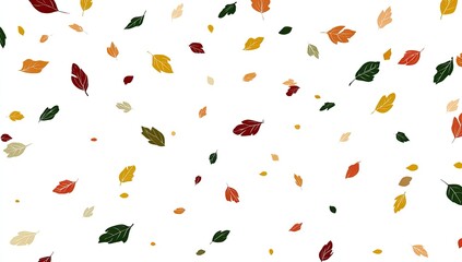Scattered autumn leaves in various colors on a white background
