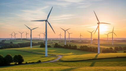 Obraz premium Wind turbines generating clean energy at sunset in green landscape
