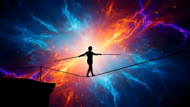 Man balancing on a tightrope with a colorful background of vibrant lights and colors in space