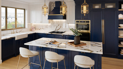Modern kitchen interior with island and white marble countertop and navy blue cabinetry