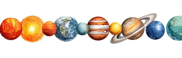 Planets Solar system planets aligned in a row on a white background