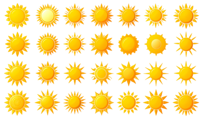 A grid of 30 stylized, cartoonish sun illustrations, varying in shape and detail