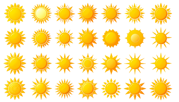 A grid of 30 stylized, cartoonish sun illustrations, varying in shape and detail - Powered by Adobe