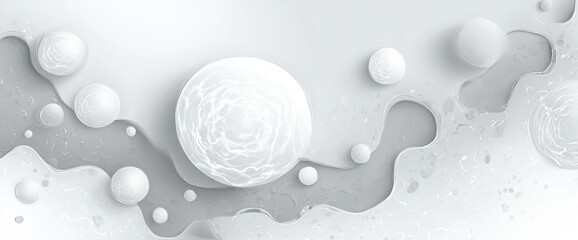 Abstract white & gray layered shapes with spheres & textured wavy elements