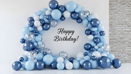 Obraz premium Elegant blue and white balloon arch arrangement frames the cheerful text wishing someone a very happy birthday celebration occasion