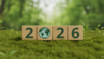 Wooden blocks with 2026 and Earth icon symbolizing environmental future and sustainability set on lush green moss with blurred forest background